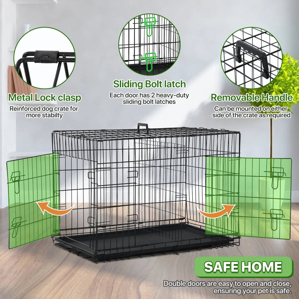 48 Inch Dog Crate Folding XXL Large Dog Cage Dog Kennels and Crates for Large Dogs Pet Animal Segregation Cage with Divider, Plastic Tray, Double-Door, Handle, Black