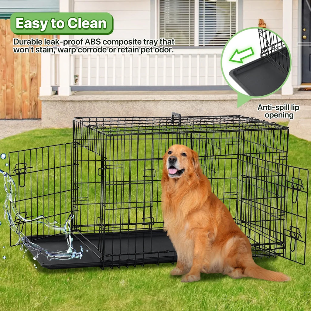 48 Inch Dog Crate Folding XXL Large Dog Cage Dog Kennels and Crates for Large Dogs Pet Animal Segregation Cage with Divider, Plastic Tray, Double-Door, Handle, Black
